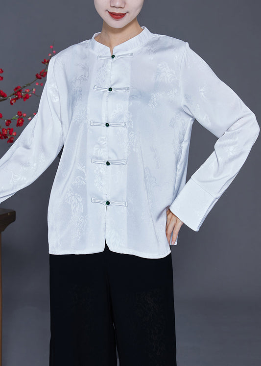 Chinese Style White Stand Collar Chinese Button Silk Blouse Top Spring LY3700