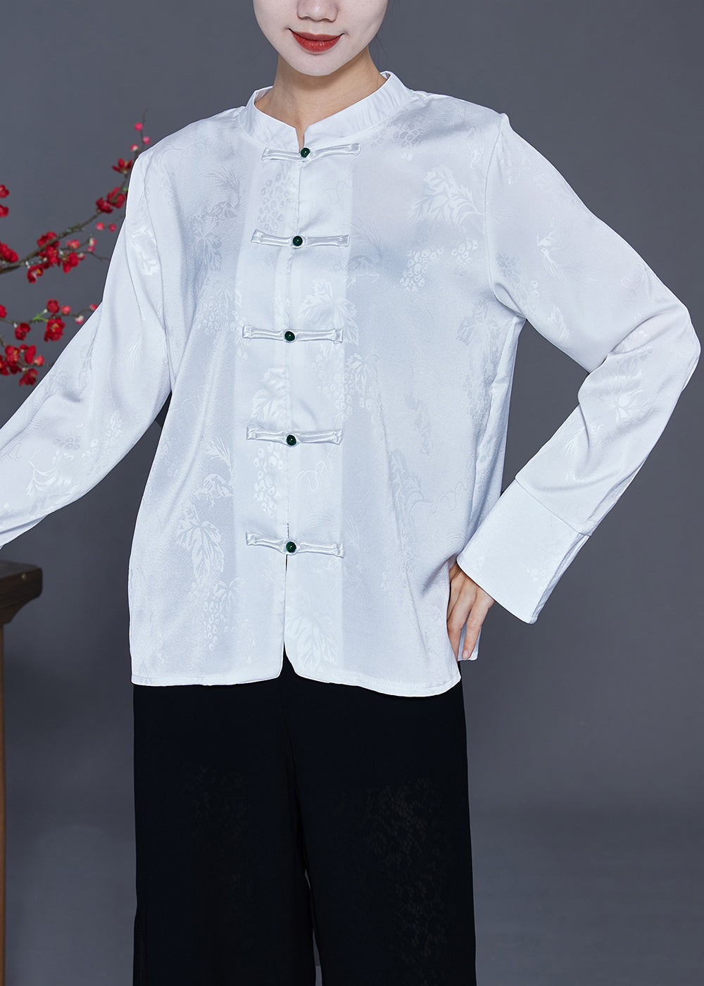 Chinese Style White Stand Collar Chinese Button Silk Blouse Top Spring LY3700 - fabuloryshop