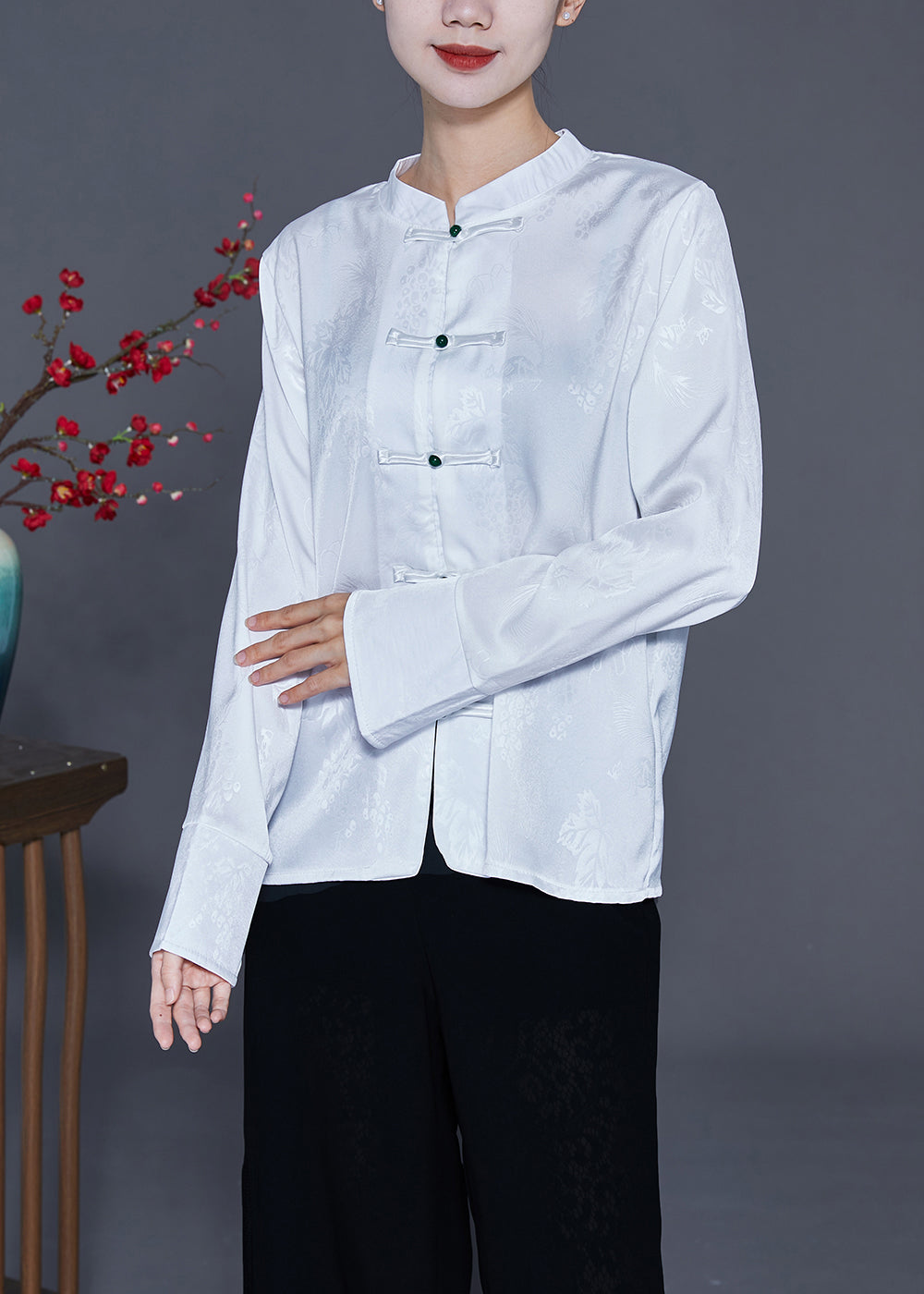 Chinese Style White Stand Collar Chinese Button Silk Blouse Top Spring LY3700 - fabuloryshop