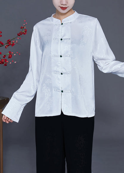 Chinese Style White Stand Collar Chinese Button Silk Blouse Top Spring LY3700 - fabuloryshop