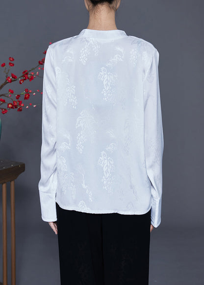 Chinese Style White Stand Collar Chinese Button Silk Blouse Top Spring LY3700 - fabuloryshop