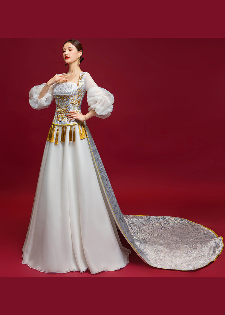 Chinese Style White Tasseled Embroidery Dress Puff Sleeve Ada Fashion