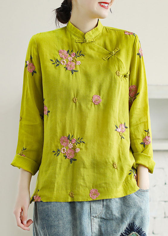 Chinese Style Yellow Embroideried Patchwork Linen Shirt Tops Spring LY6225 - fabuloryshop