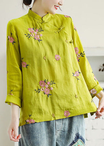 Chinese Style Yellow Embroideried Patchwork Linen Shirt Tops Spring LY6225 - fabuloryshop