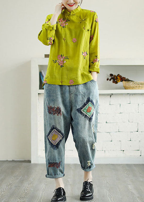 Chinese Style Yellow Embroideried Patchwork Linen Shirt Tops Spring LY6225 - fabuloryshop