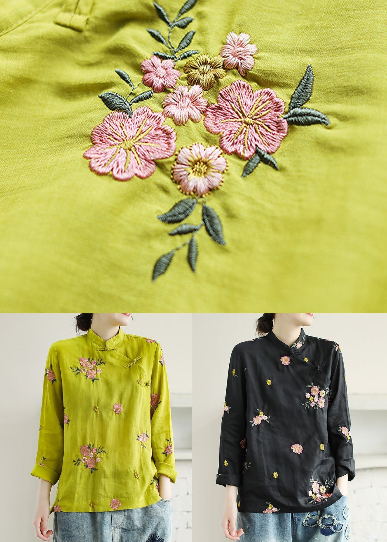 Chinese Style Yellow Embroideried Patchwork Linen Shirt Tops Spring LY6225 - fabuloryshop