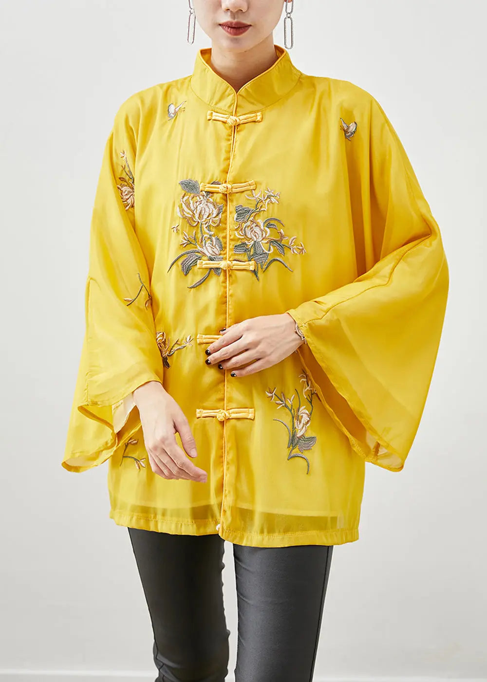 Chinese Style Yellow Embroideried Silk Jackets Fall Ada Fashion