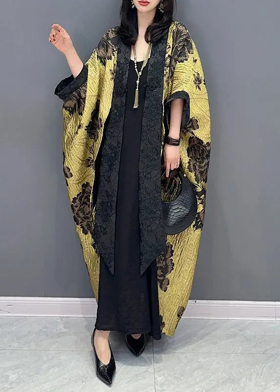 Chinese Style Yellow Floral Patchwork Cotton Cardigan Batwing Sleeve Ada Fashion