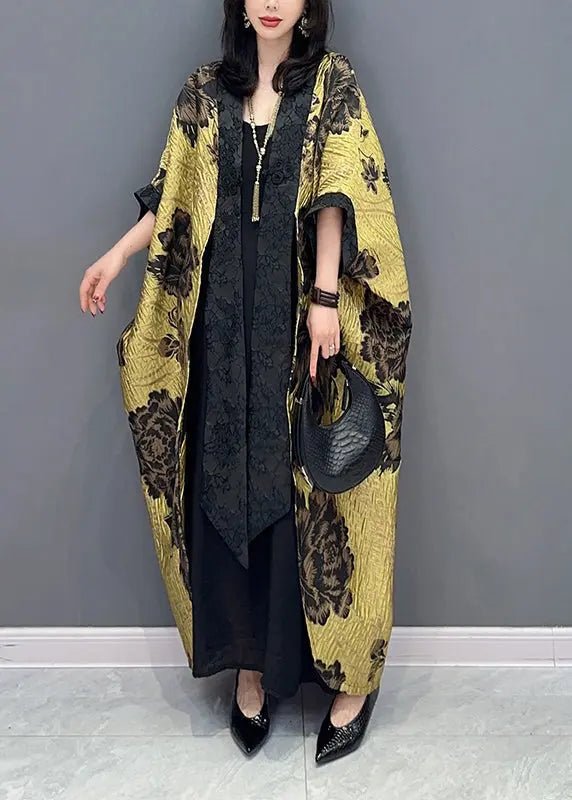 Chinese Style Yellow Floral Patchwork Cotton Cardigan Batwing Sleeve Ada Fashion