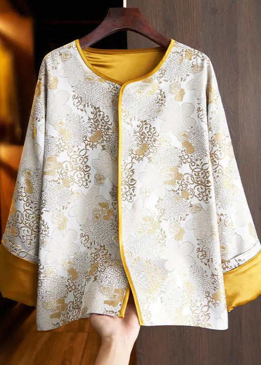 Chinese Style Yellow Jacquard Patchwork Loose Silk Coats Fall Ada Fashion