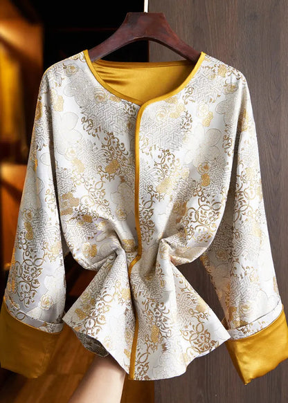 Chinese Style Yellow Jacquard Patchwork Loose Silk Coats Fall Ada Fashion