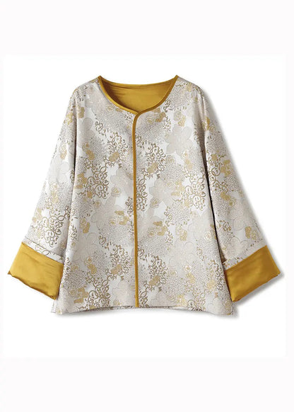 Chinese Style Yellow Jacquard Patchwork Loose Silk Coats Fall Ada Fashion