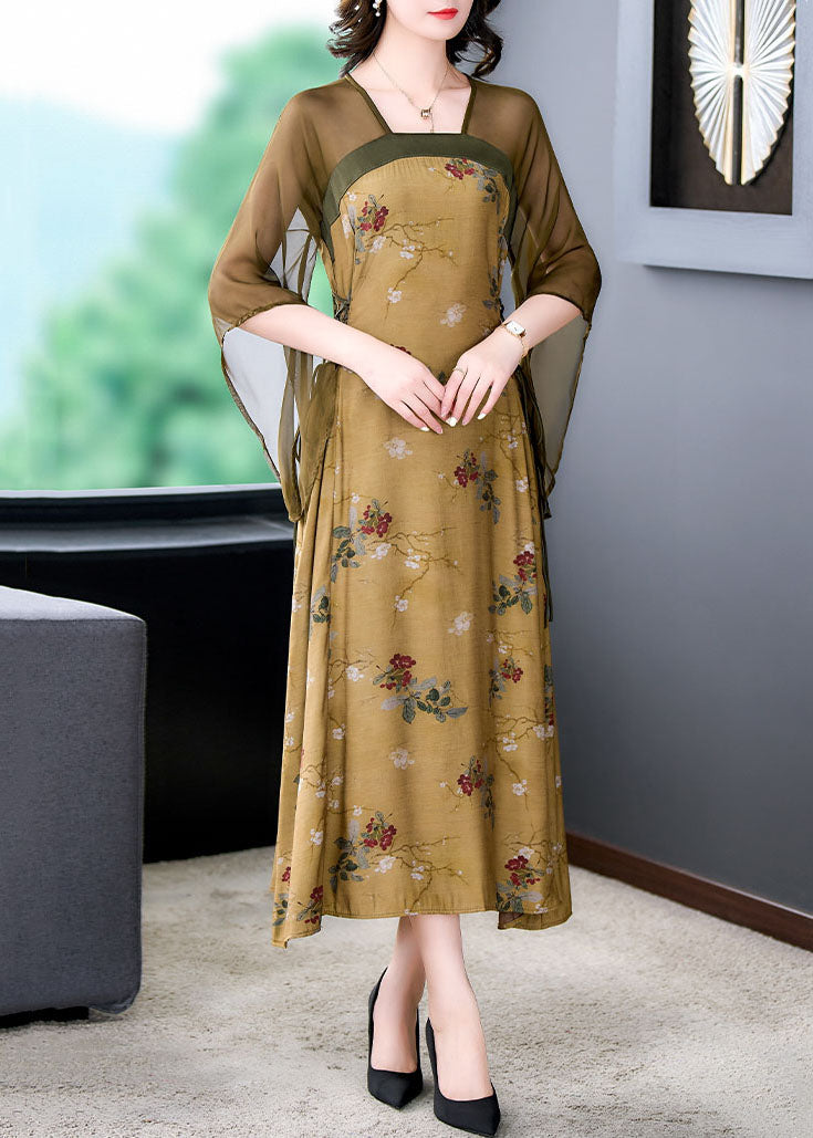 Chinese Style Yellow Print Lace Up Patchwork Silk Long Dress Summer Ada Fashion