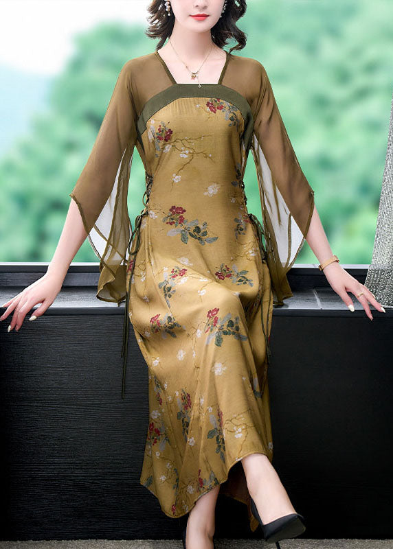 Chinese Style Yellow Print Lace Up Patchwork Silk Long Dress Summer Ada Fashion