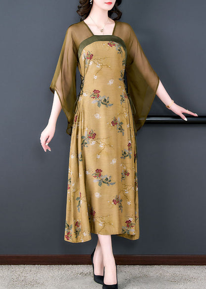 Chinese Style Yellow Print Lace Up Patchwork Silk Long Dress Summer Ada Fashion