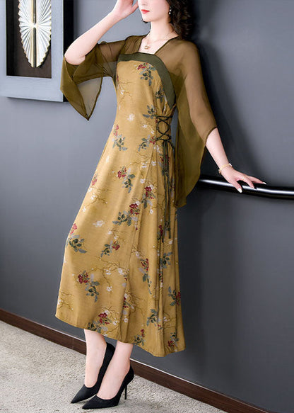 Chinese Style Yellow Print Lace Up Patchwork Silk Long Dress Summer Ada Fashion