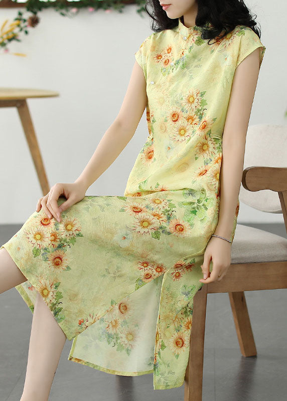 Chinese Style Yellow Print Side Open Patchwork Linen Dress Summer LY5103 - fabuloryshop