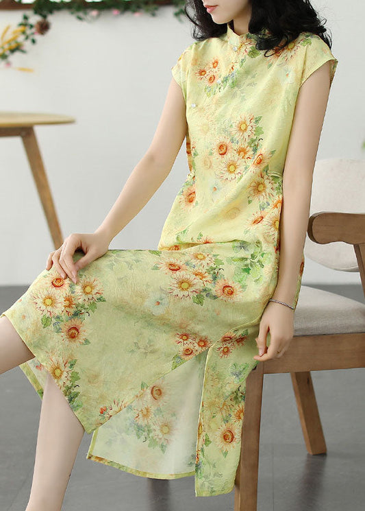 Chinese Style Yellow Print Side Open Patchwork Linen Dress Summer LY5103 - fabuloryshop