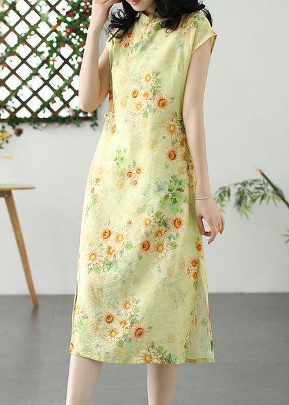 Chinese Style Yellow Print Side Open Patchwork Linen Dress Summer LY5103 - fabuloryshop