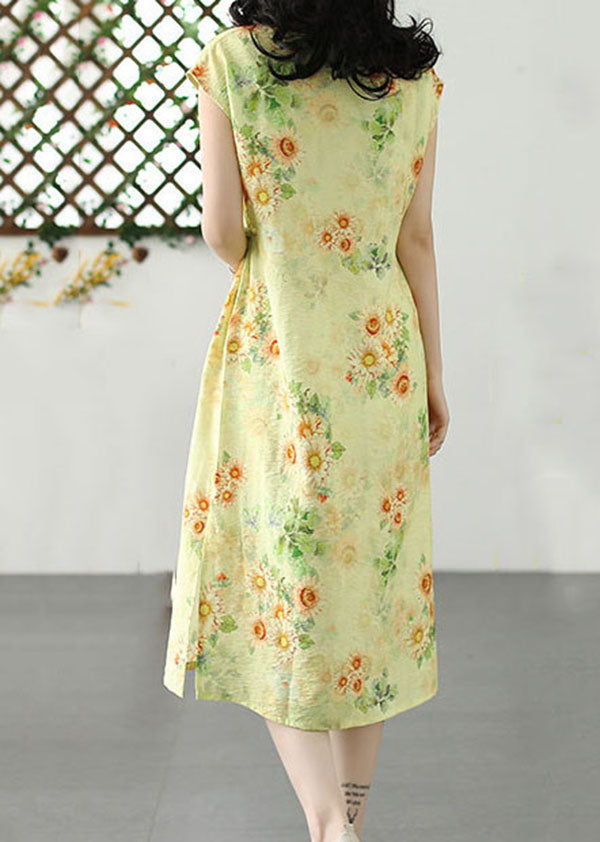 Chinese Style Yellow Print Side Open Patchwork Linen Dress Summer LY5103 - fabuloryshop