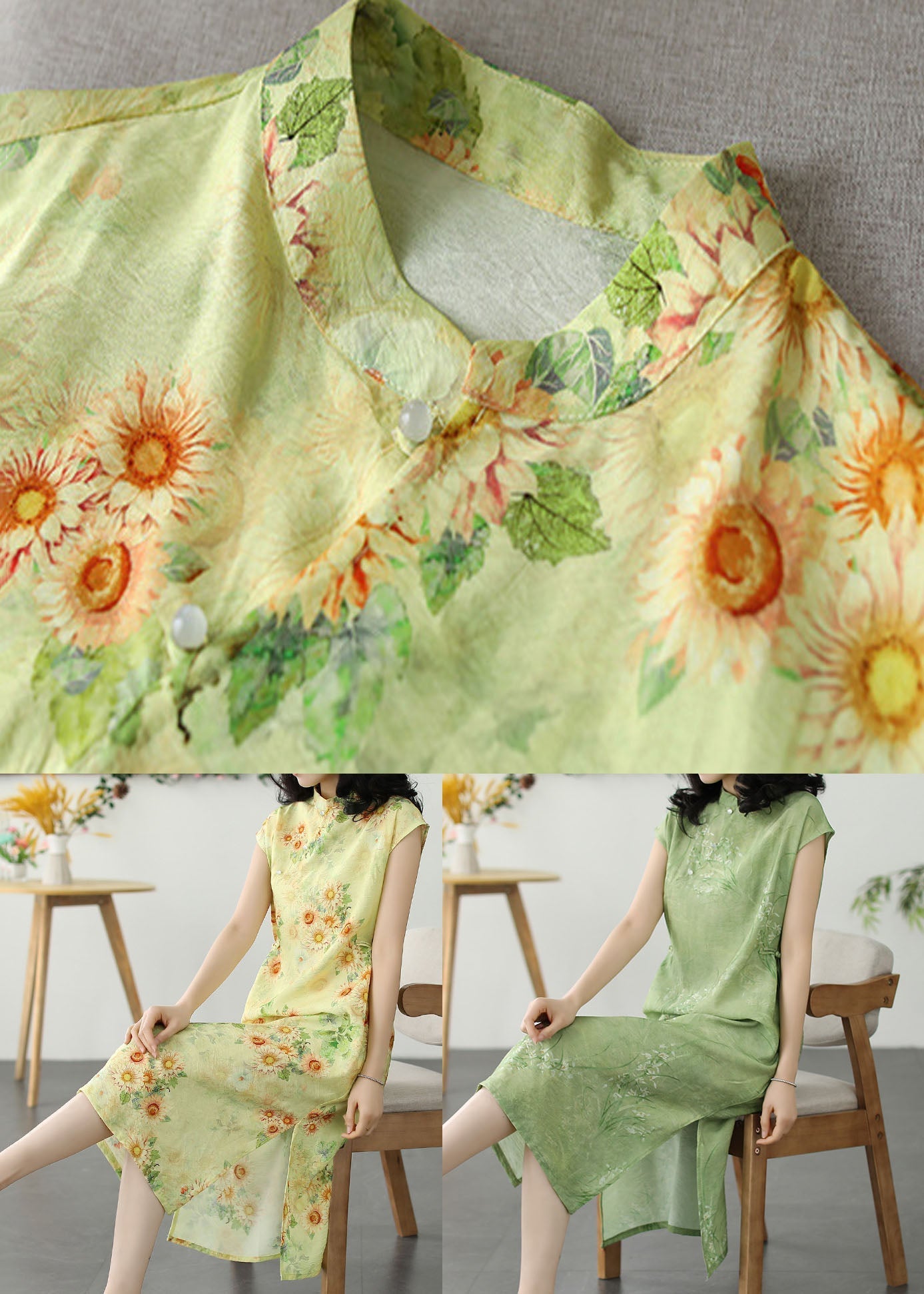 Chinese Style Yellow Print Side Open Patchwork Linen Dress Summer LY5103 - fabuloryshop