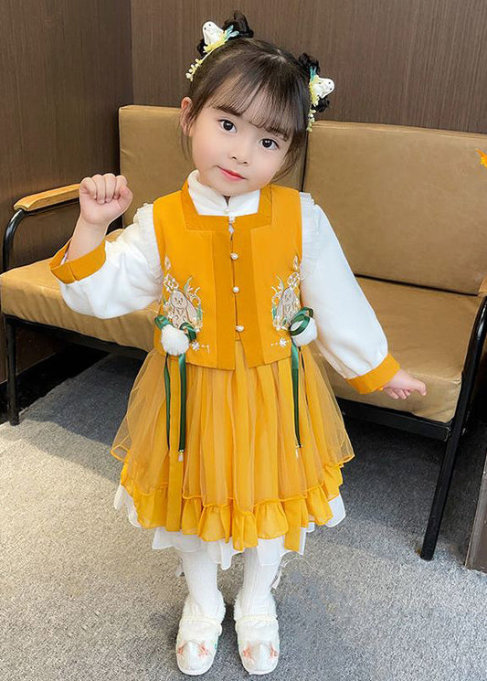 Chinese Style Yellow Ruffled Tulle Baby Girls Two Pieces Set Fall Ada Fashion