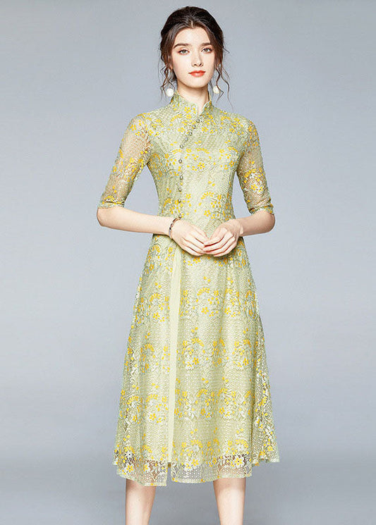 Chinese Style Yellow Stand Collar Button Patchwork Front Open Lace Dress Summer Ada Fashion