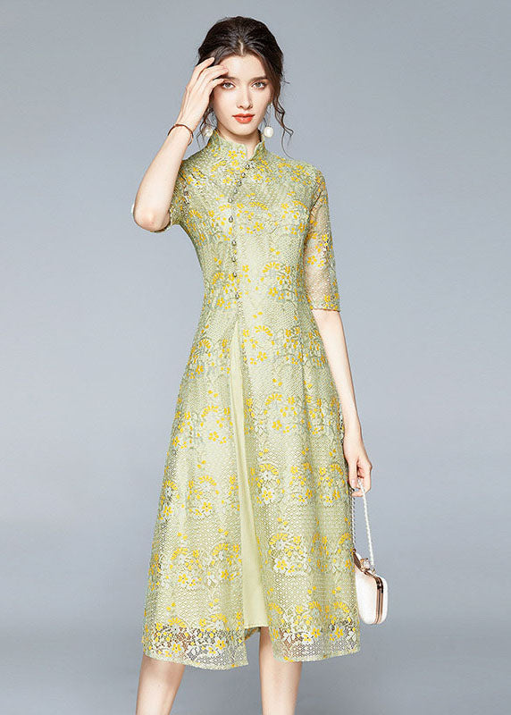Chinese Style Yellow Stand Collar Button Patchwork Front Open Lace Dress Summer Ada Fashion