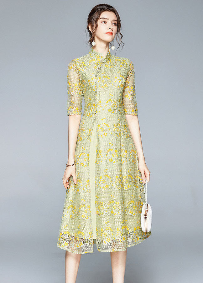 Chinese Style Yellow Stand Collar Button Patchwork Front Open Lace Dress Summer Ada Fashion
