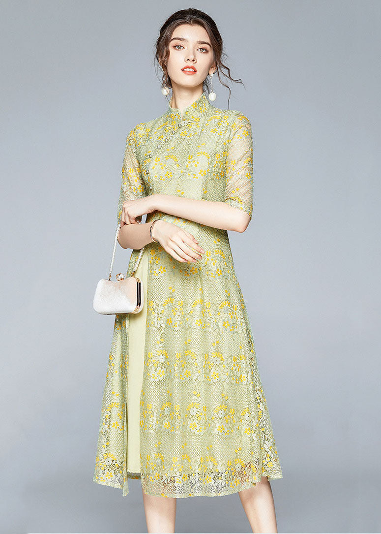 Chinese Style Yellow Stand Collar Button Patchwork Front Open Lace Dress Summer Ada Fashion