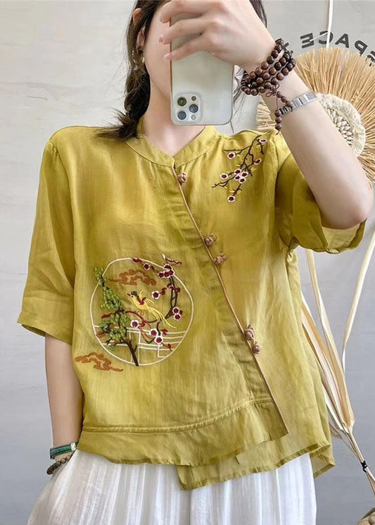 Chinese Style Yellow Stand Collar Button Patchwork Linen Top Summer Ada Fashion