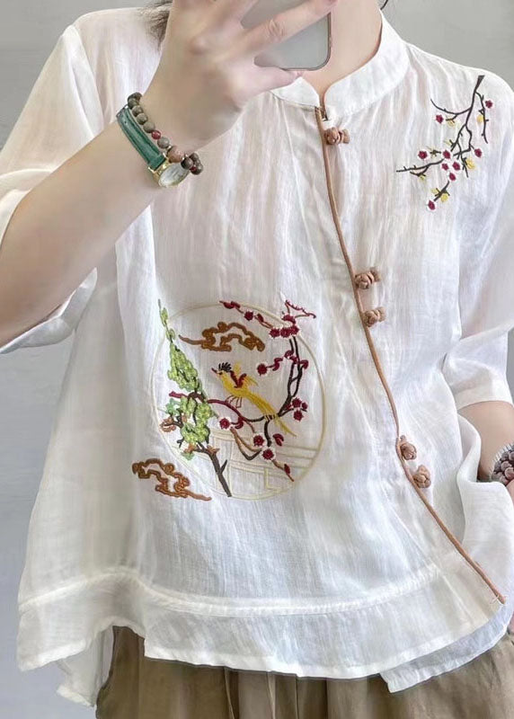 Chinese Style Yellow Stand Collar Button Patchwork Linen Top Summer Ada Fashion