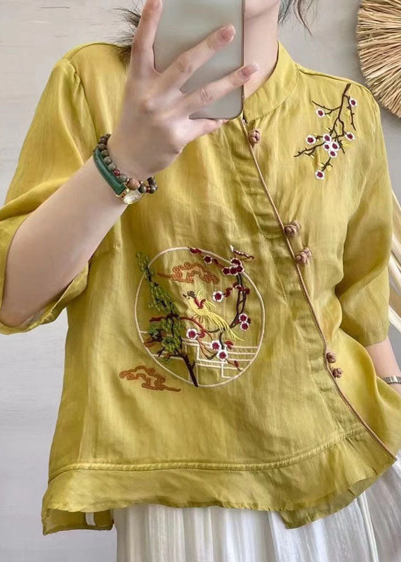 Chinese Style Yellow Stand Collar Button Patchwork Linen Top Summer Ada Fashion