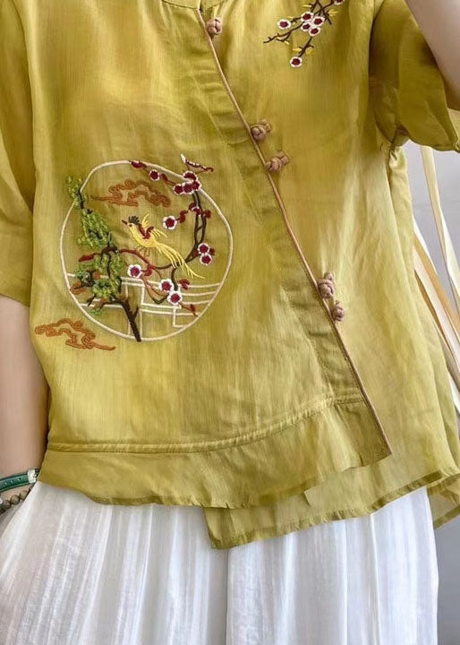 Chinese Style Yellow Stand Collar Button Patchwork Linen Top Summer Ada Fashion