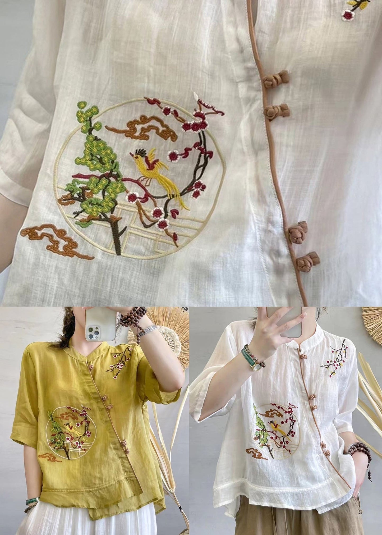 Chinese Style Yellow Stand Collar Button Patchwork Linen Top Summer Ada Fashion