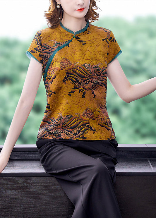 Chinese Style Yellow Stand Collar Print Silk Blouses Summer LY0476 - fabuloryshop