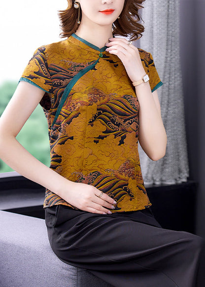 Chinese Style Yellow Stand Collar Print Silk Blouses Summer LY0476 - fabuloryshop