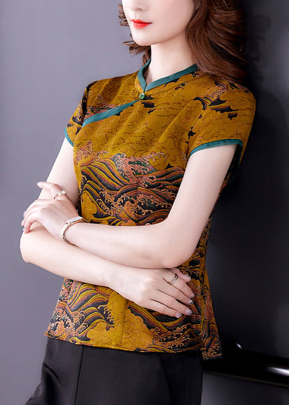 Chinese Style Yellow Stand Collar Print Silk Blouses Summer LY0476 - fabuloryshop