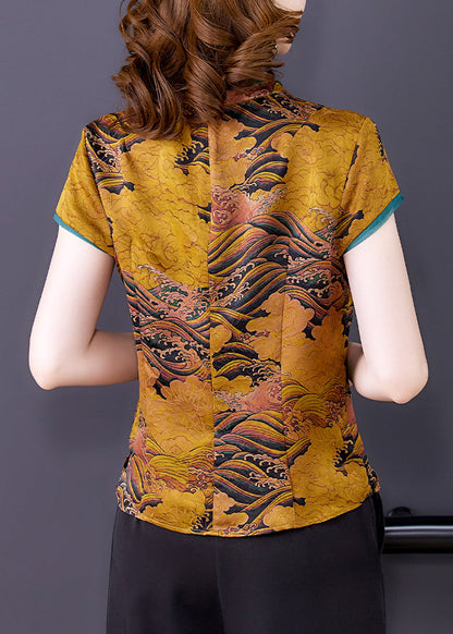 Chinese Style Yellow Stand Collar Print Silk Blouses Summer LY0476 - fabuloryshop