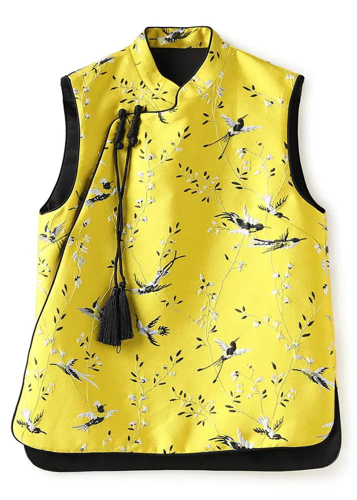 Chinese Style Yellow Tasseled Embroideried Patchwork Silk Vest Sleeveless Ada Fashion