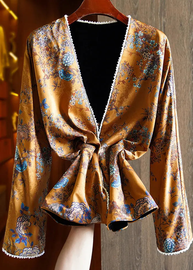 Chinese Style Yellow V Neck Print Nail Bead Wear On Both Sides Silk Coat Fall Ada Fashion