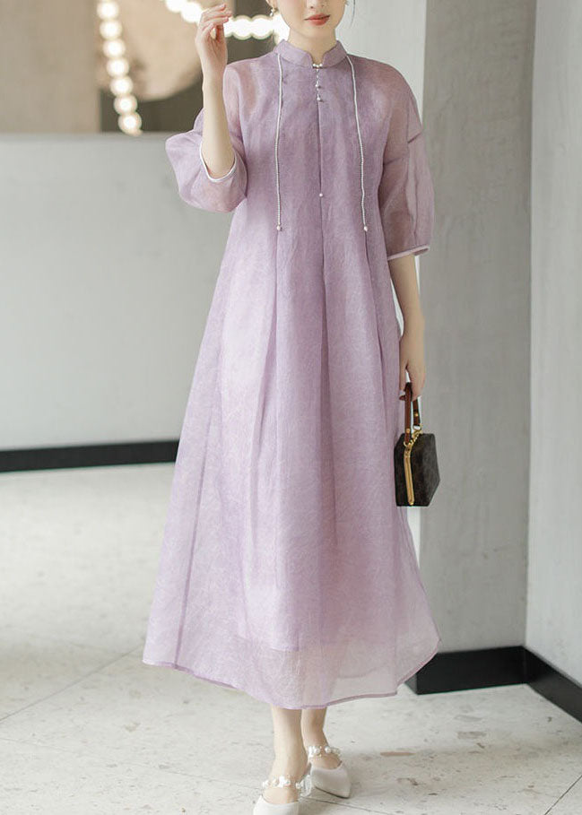 Chinese Style light Purple Nail Bead Patchwork Silk Long Dress Summer LY4580 - fabuloryshop