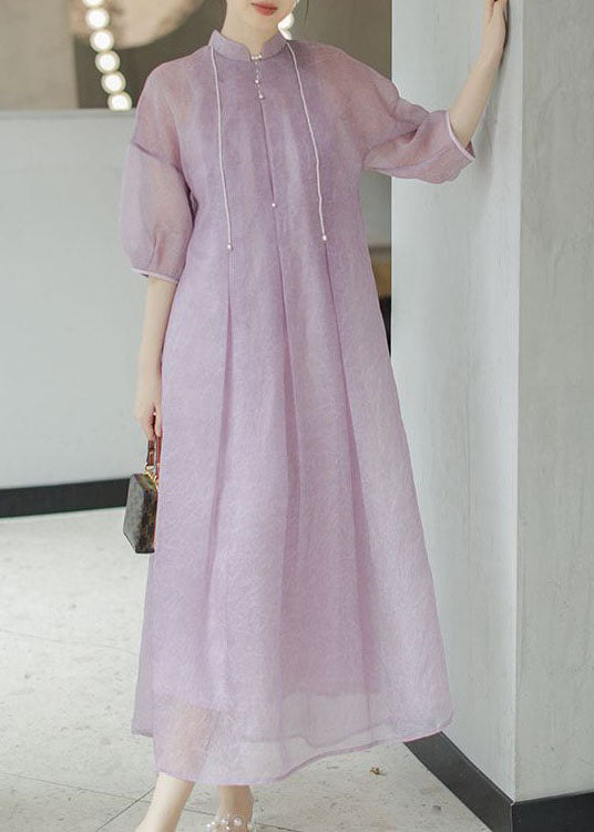 Chinese Style light Purple Nail Bead Patchwork Silk Long Dress Summer LY4580 - fabuloryshop