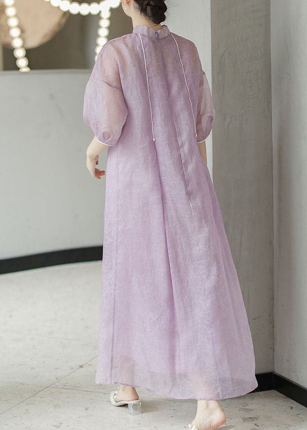 Chinese Style light Purple Nail Bead Patchwork Silk Long Dress Summer LY4580 - fabuloryshop