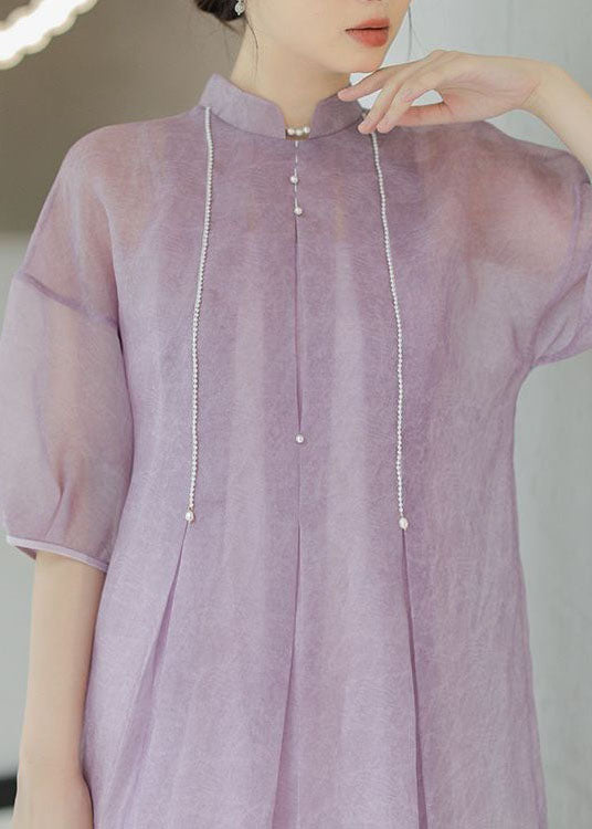 Chinese Style light Purple Nail Bead Patchwork Silk Long Dress Summer LY4580 - fabuloryshop