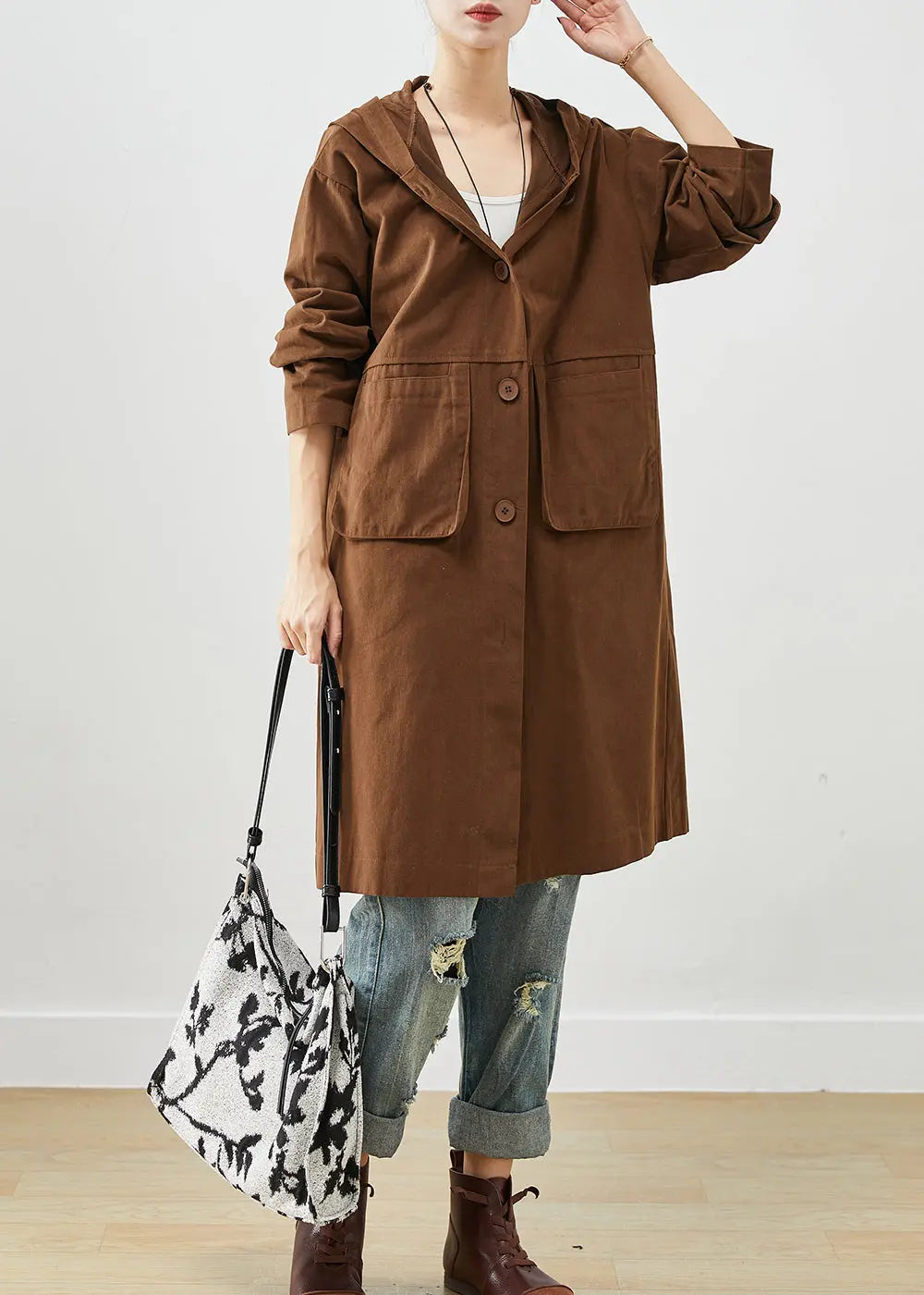 Chocolate Cotton Trench Hooded Pockets Fall Ada Fashion