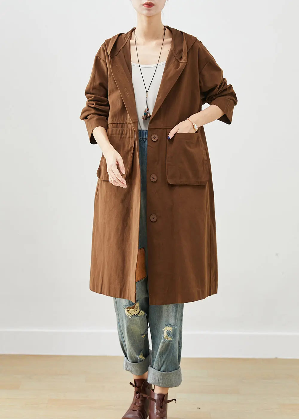 Chocolate Cotton Trench Hooded Pockets Fall Ada Fashion