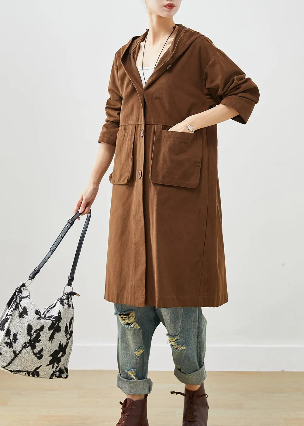 Chocolate Cotton Trench Hooded Pockets Fall Ada Fashion