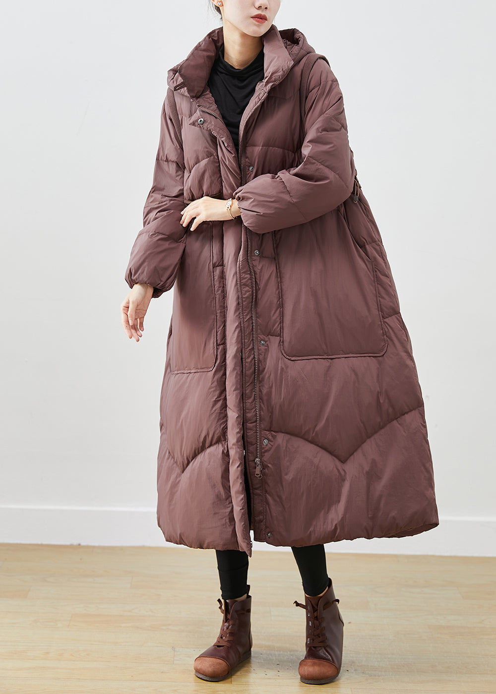 Chocolate Duck Down Coats Drawstring Big Pockets Winter Ada Fashion