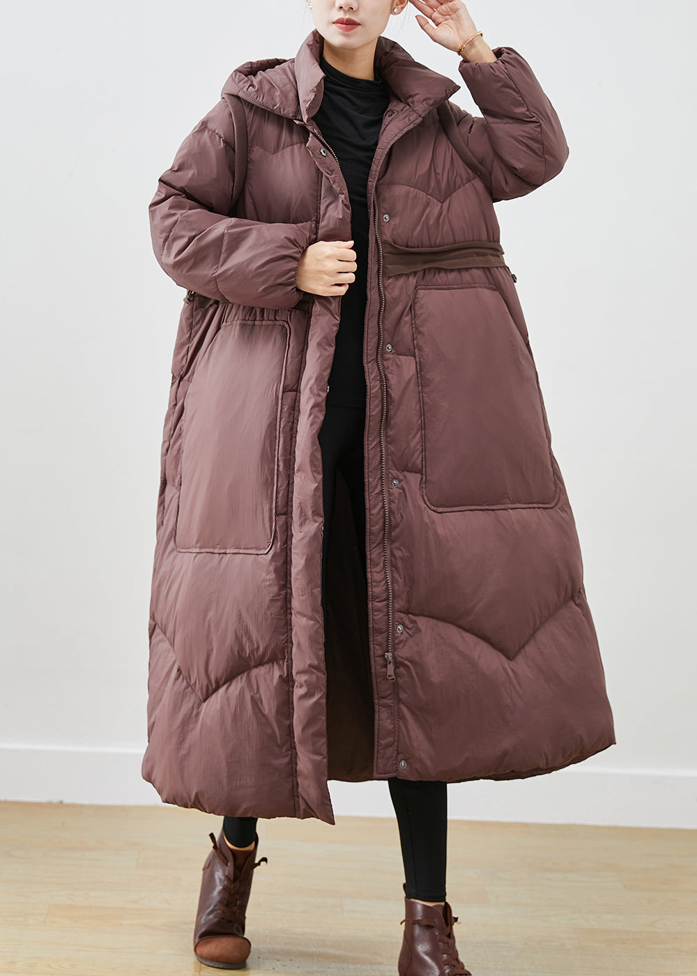 Chocolate Duck Down Coats Drawstring Big Pockets Winter Ada Fashion